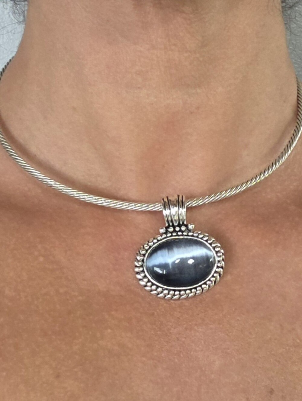 Silver Tone Blue Cat's Eye Pendant Necklace - Women's Jewelry